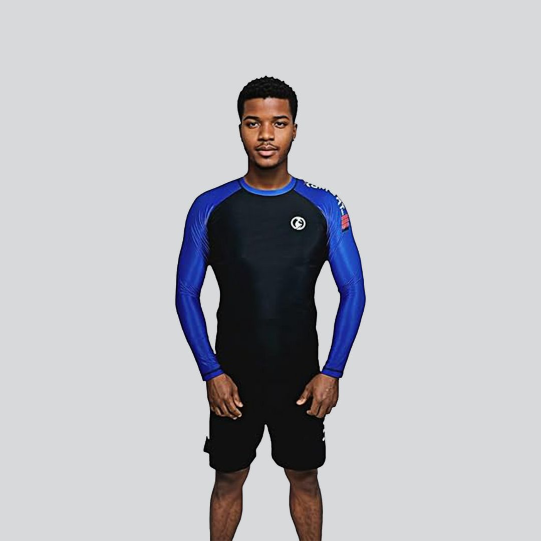 Ranked Pro Series Full Sleeve Rash Guard in black and blue for BJJ competitors