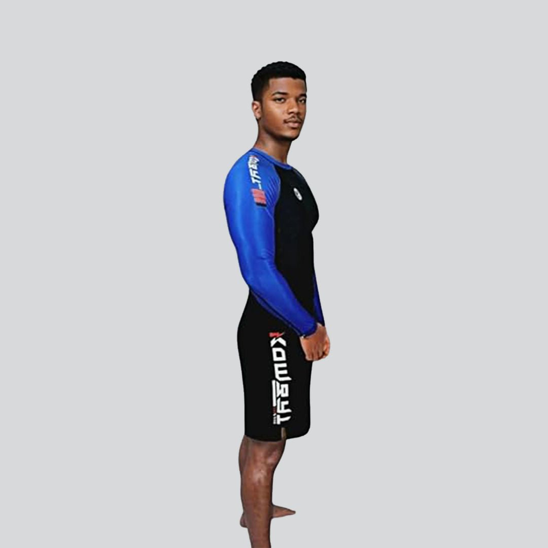 Ranked Pro Series Full Sleeve Rash Guard in black and blue for BJJ competitors