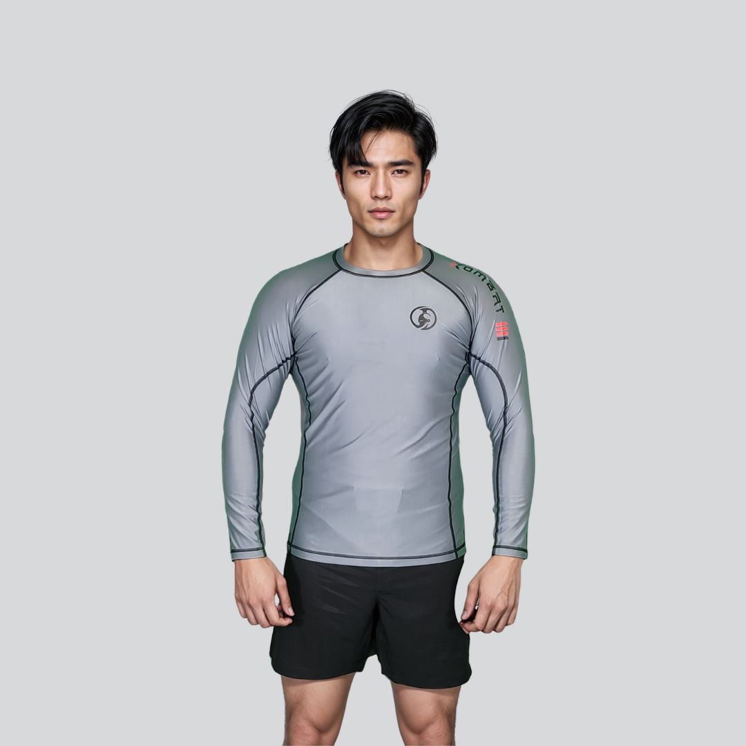 Kombat brand gray full sleeve BJJ rash guard for adult no gi grappling and MMA training