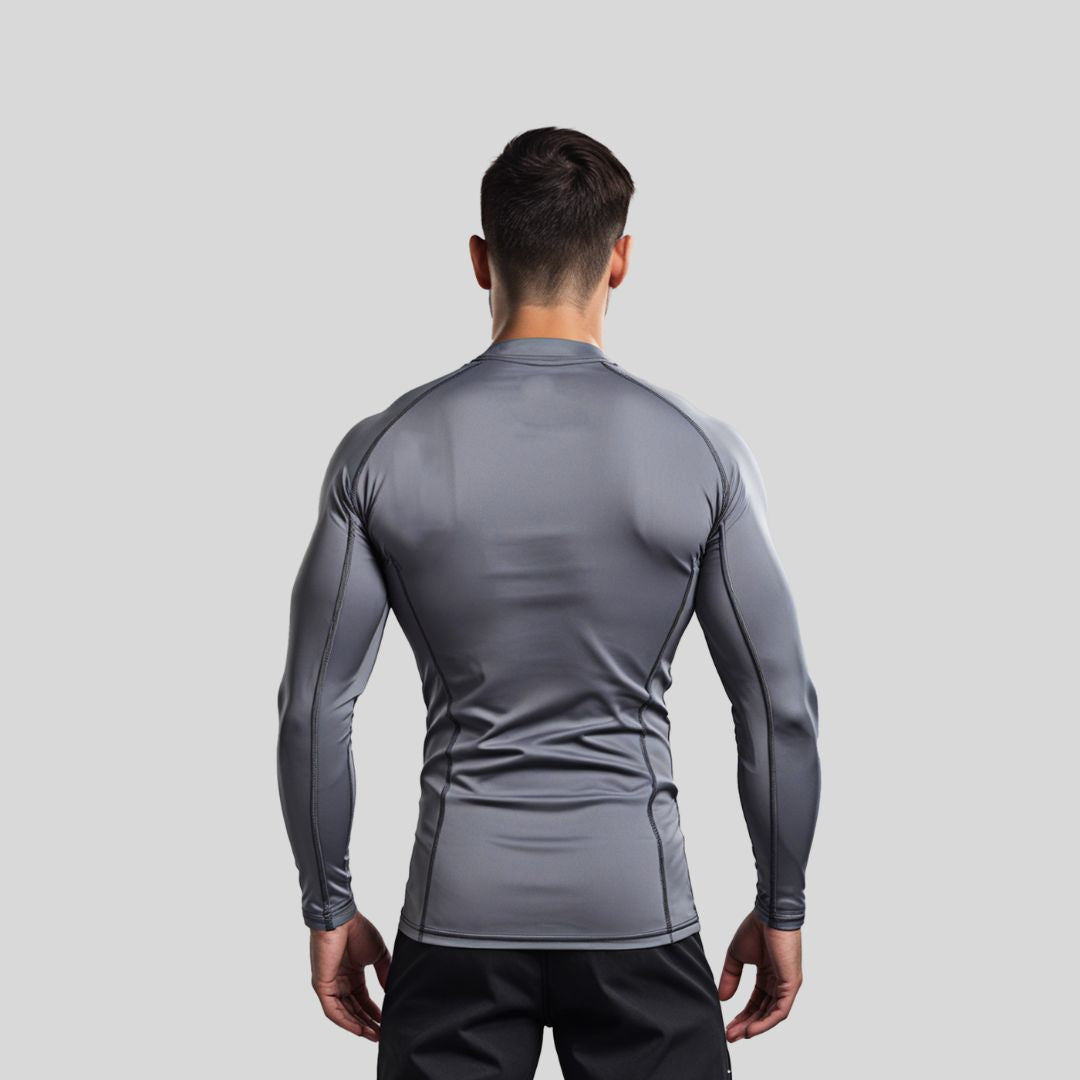 Kombat brand gray full sleeve BJJ rash guard for adult no gi grappling and MMA training