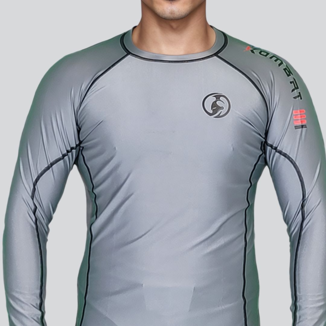 Kombat brand gray full sleeve BJJ rash guard for adult no gi grappling and MMA training