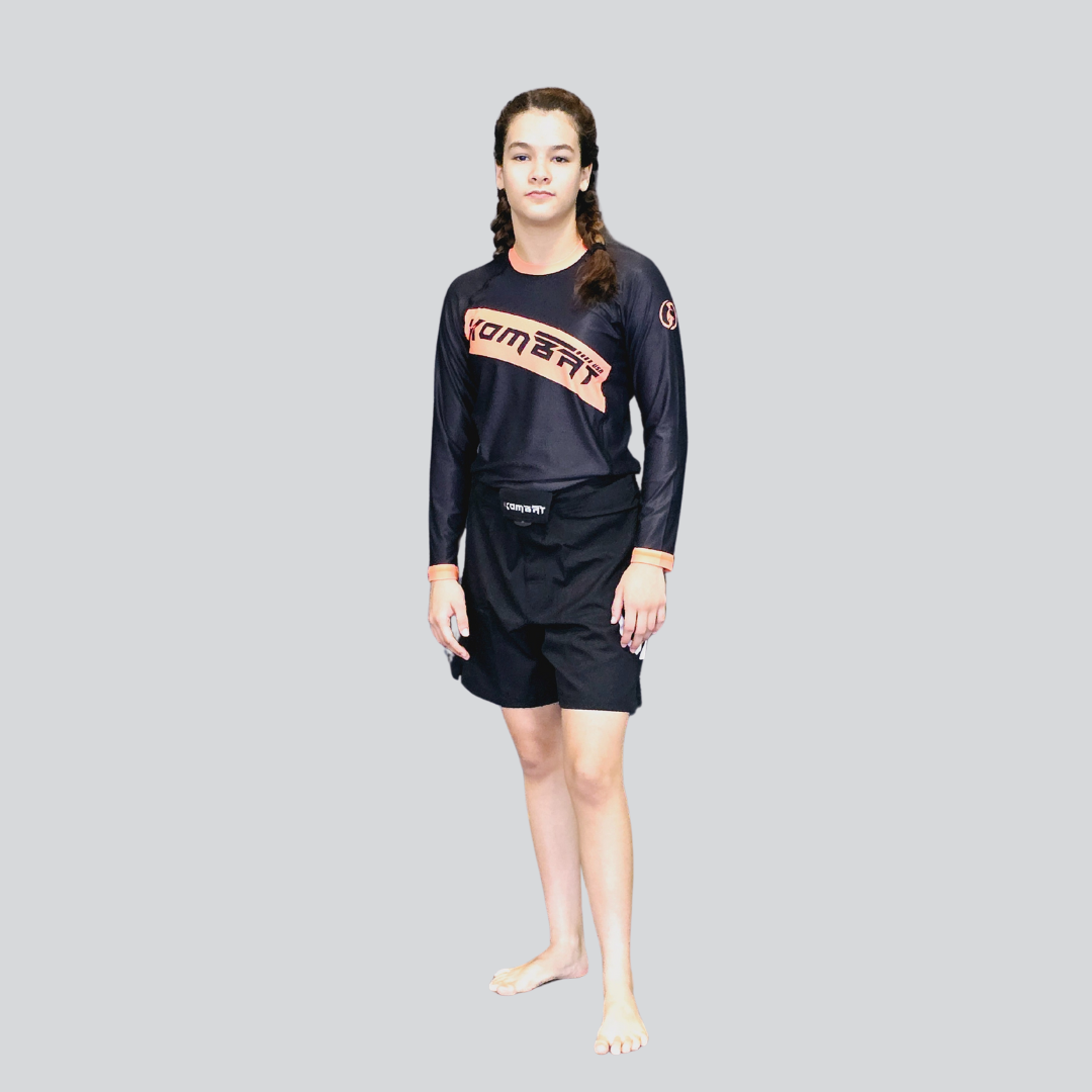 YOUTH F/S BLK/ORANGE RASH GUARD