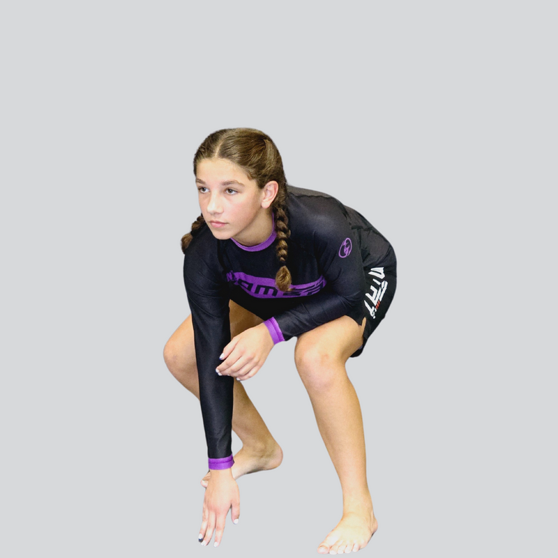 YOUTH F/S BLK/PURPLE RASH GUARD