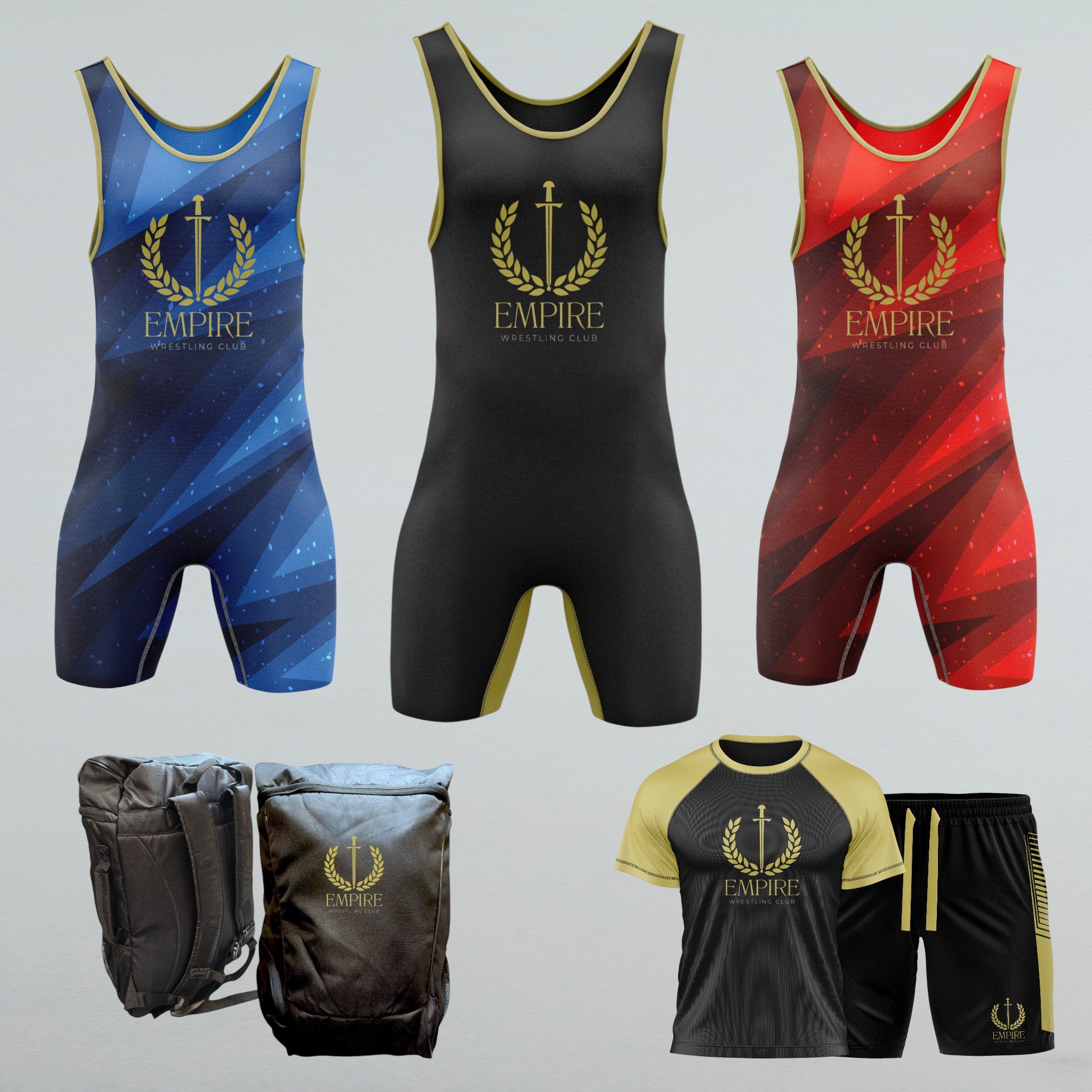 Empire Wrestling Gear Bundle: 3 Sublimated Singlets, Dry Fit T-Shirt, Shorts & Backpack