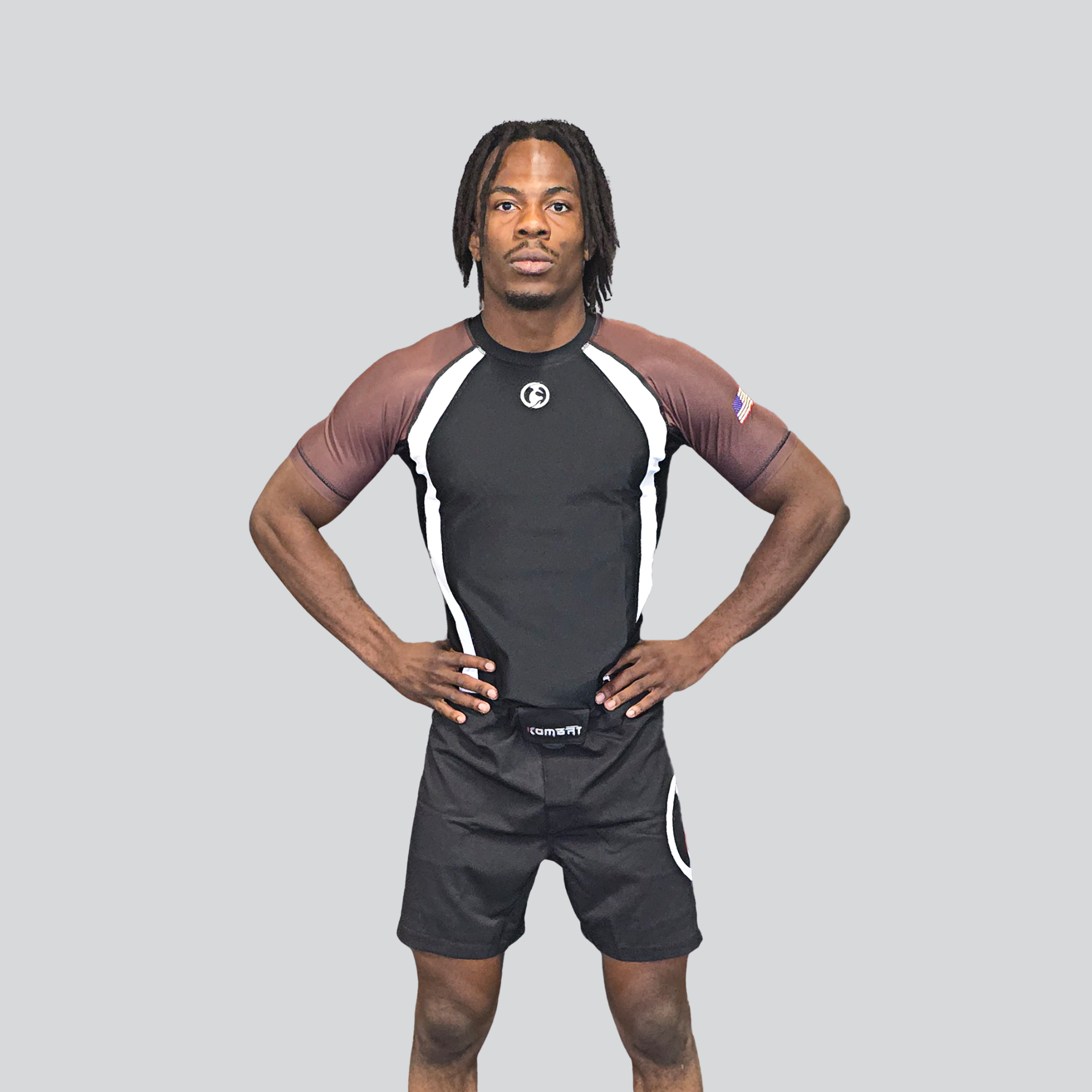 KOMBAT H/S RANKED RASH GUARD BLK WHITE & BROWN