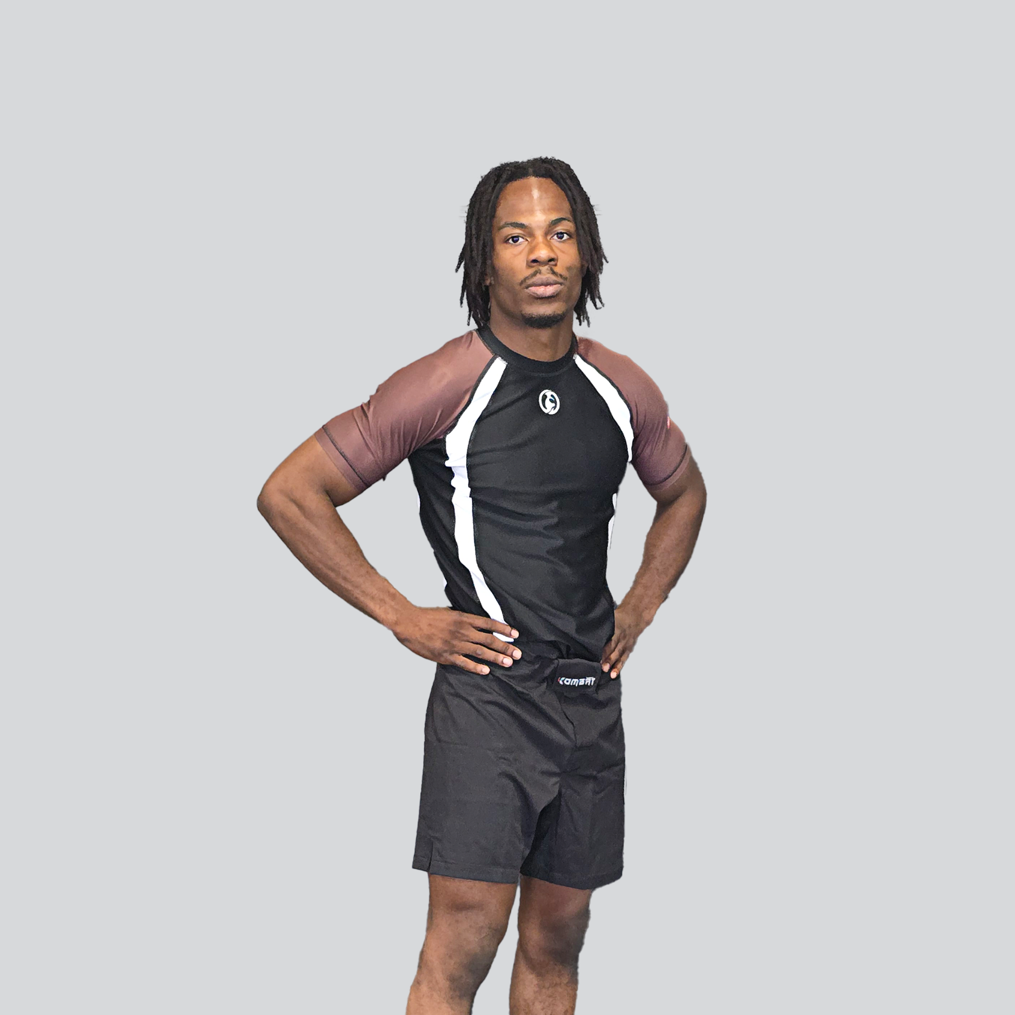 KOMBAT H/S RANKED RASH GUARD BLK WHITE & BROWN