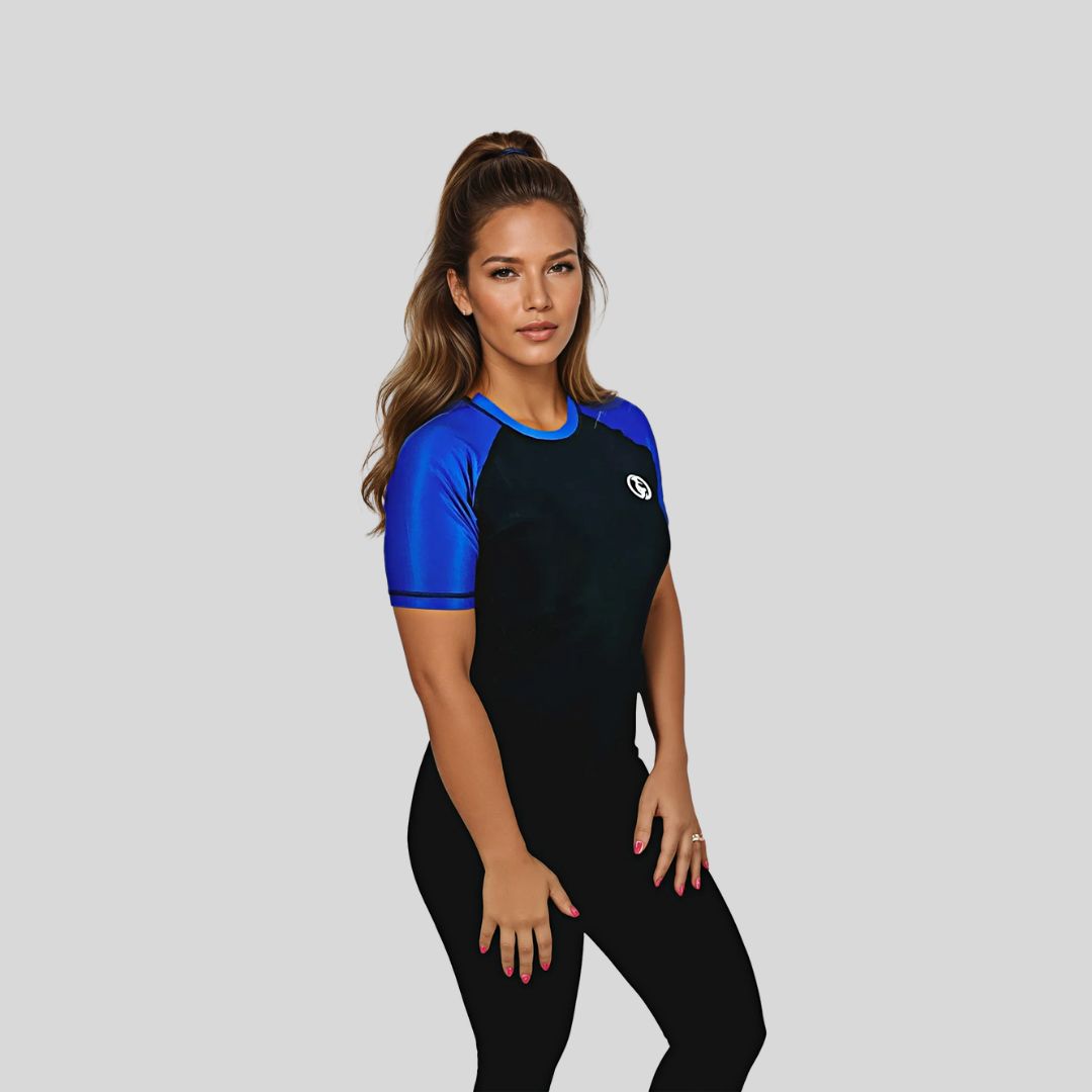 KOMBAT WOMAN H/S PRO RASH GUARD BLACK & BLUE
