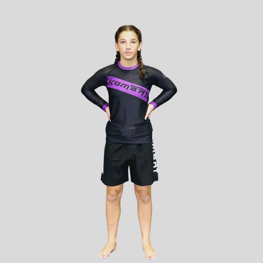 YOUTH F/S BLK/PURPLE RASH GUARD

