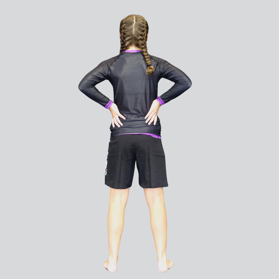 YOUTH F/S BLK/PURPLE RASH GUARD

