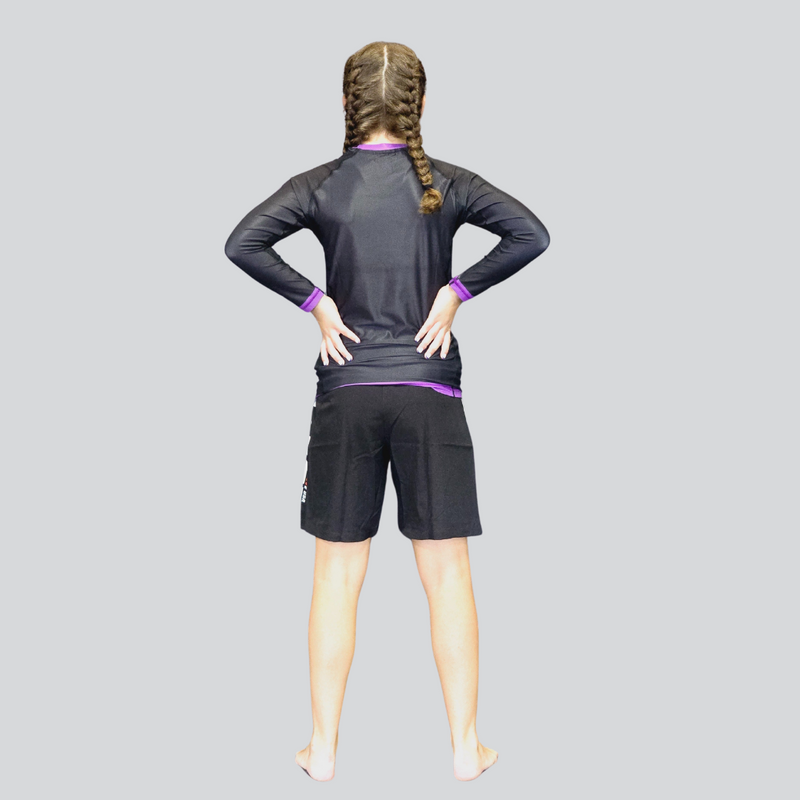 YOUTH F/S BLK/PURPLE RASH GUARD

