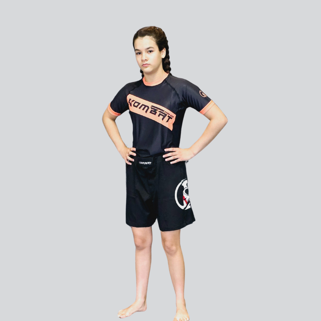 YOUTH H/S BLK/ORANGE RASH GUARD


