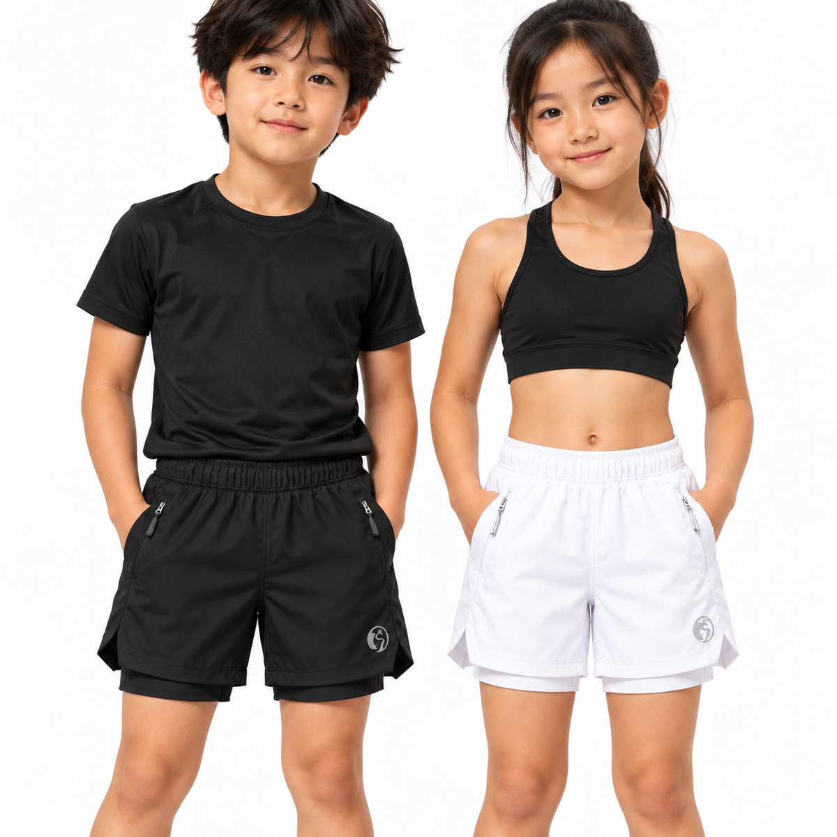 YOUTH 2 IN 1 BLACK & WHITE RUNNING SHORTS